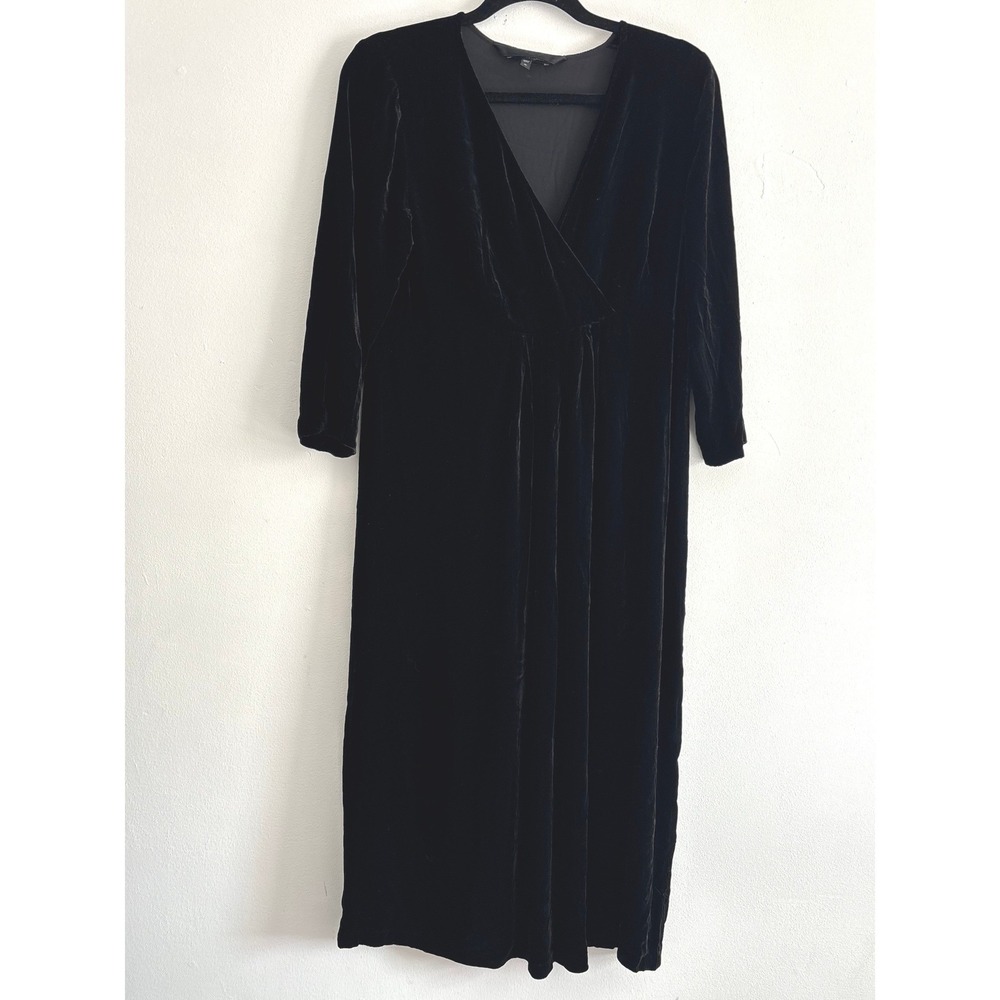 Eileen Fisher Womens Black Silk Blend Velvet V-Neck Midi 3/4 Sleeve Dress Medium